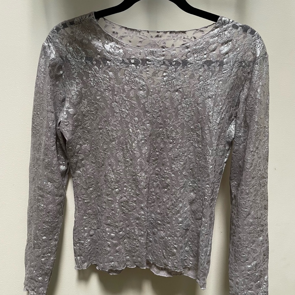Hanky Panky Signature Lace Unlined Long Sleeve Silver Top size Medium
